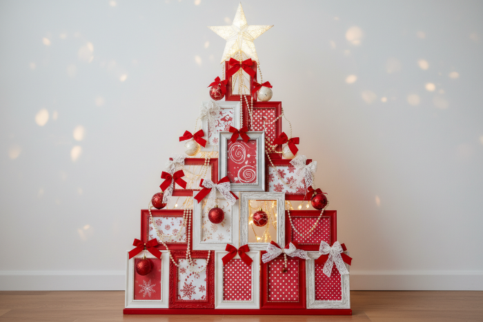 red and white christmas tree made out of picture frames landscape